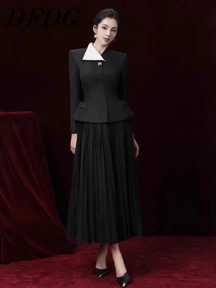 

DFDG Women's Spring Summer Lapel Color Block Blazer Pleated Maxi Skirt Set Elegant Formal Party 2026 Trendy Feminine Fashion Set