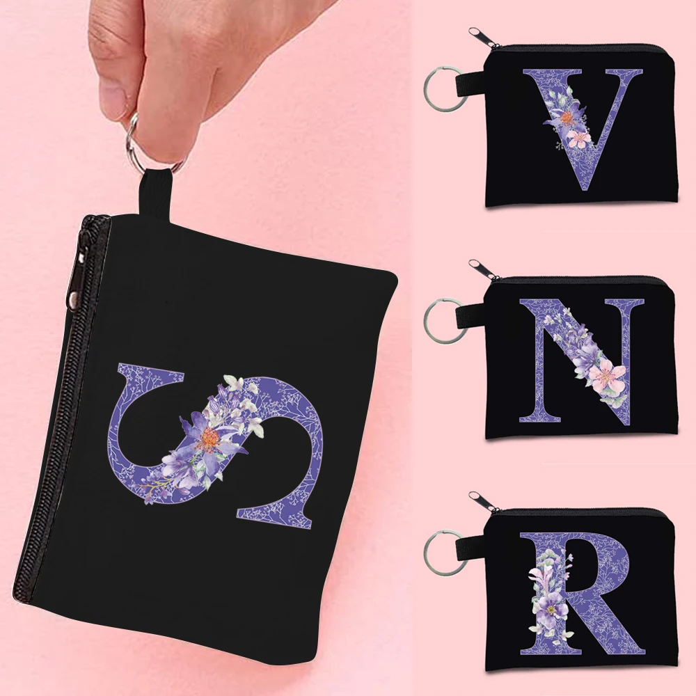 

Mini Coin Purse Wallet Canvas Women Makeup Bag with Purple Flowers 26 Letters Pattern Zipper Small Eco Shopping Storage Pouch