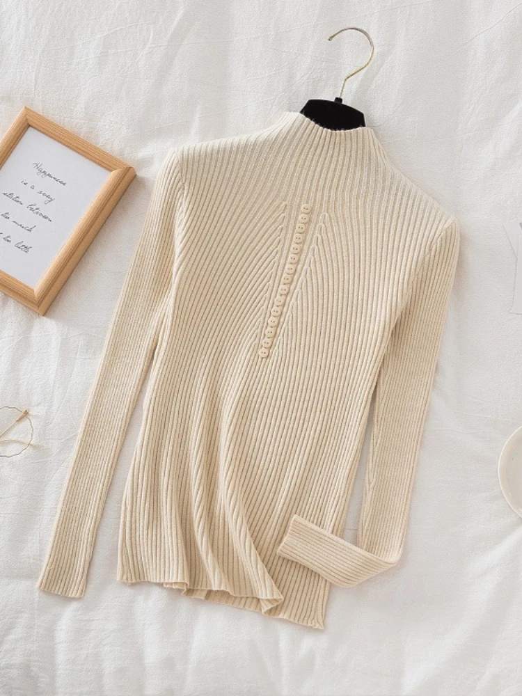 Jerséis de cuello alto para mujer, jersey de otoño e invierno, Top básico de punto, moda de Color sólido con botón, suéter de manga larga para mujer