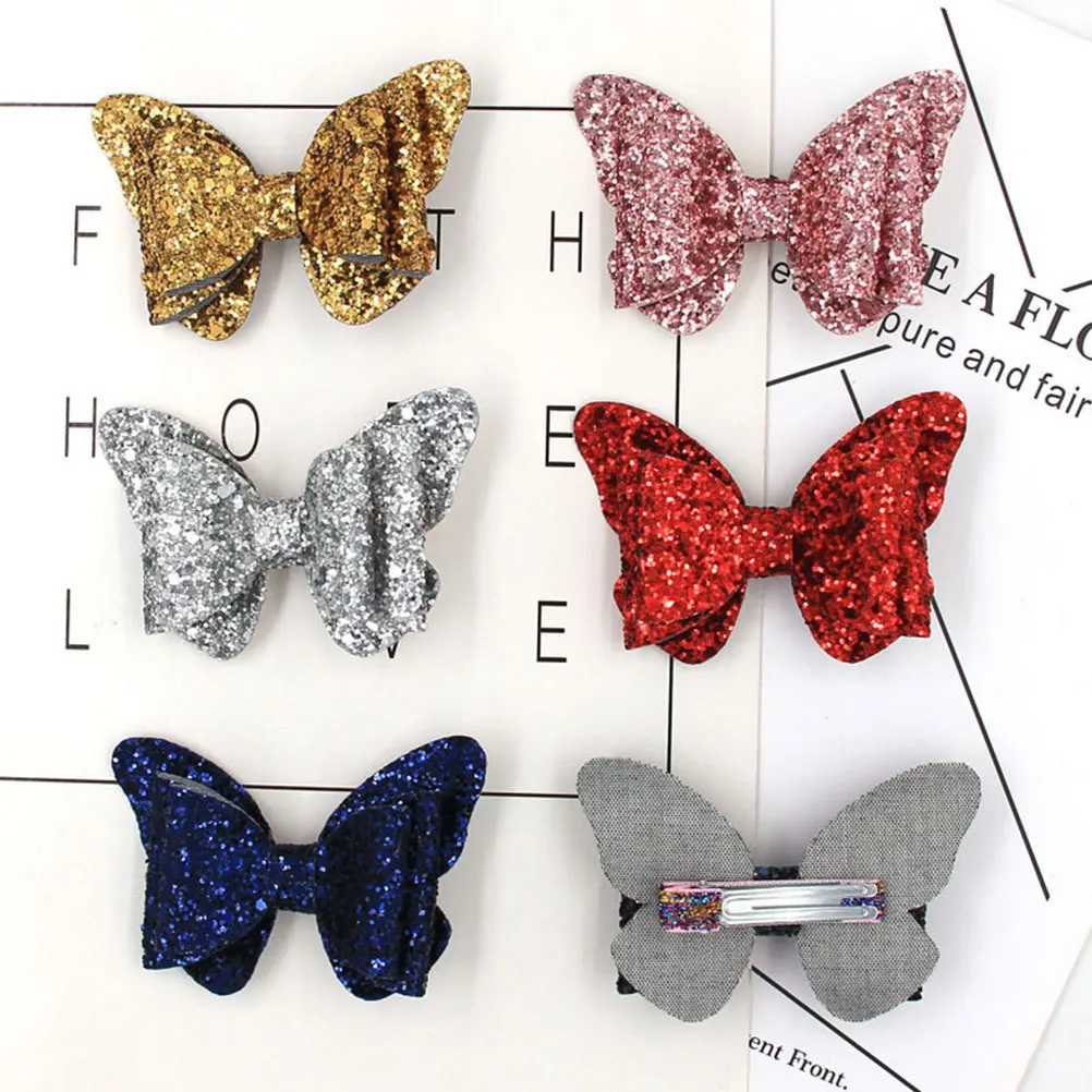 

6 шт., детские заколки для волос с бантом-бабочкой для маленьких девочек, блестящие блестки, милый дизайн, заколки для волос на день рождения, Рождество, банты, заколки