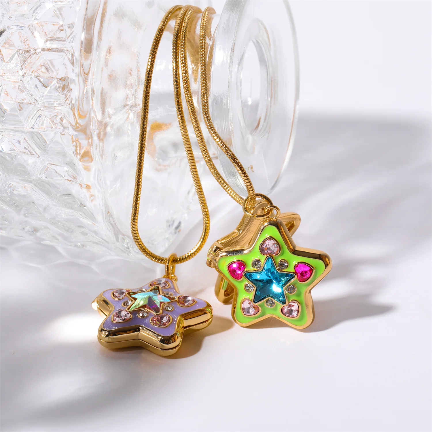 Green Purple Enamel Color Star-shape Pendant Neckalce for Womne Colorful Crystal Photo Frame Choker Necklace Fashion Jewelry