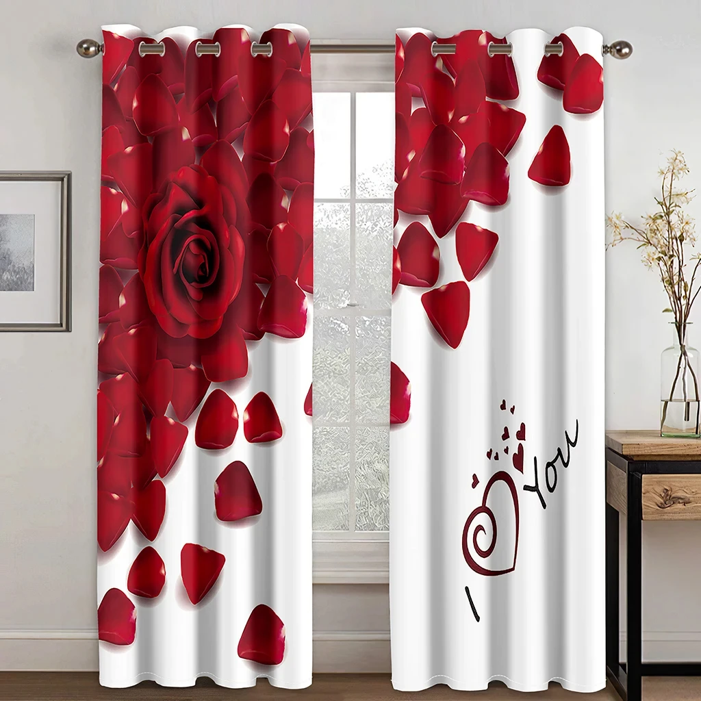 Modern Valentine\'s Day Rose Red Flowers Curtains For Lovers Bedroom Window Curtain For Living Room Curtains Drapes 2Panels