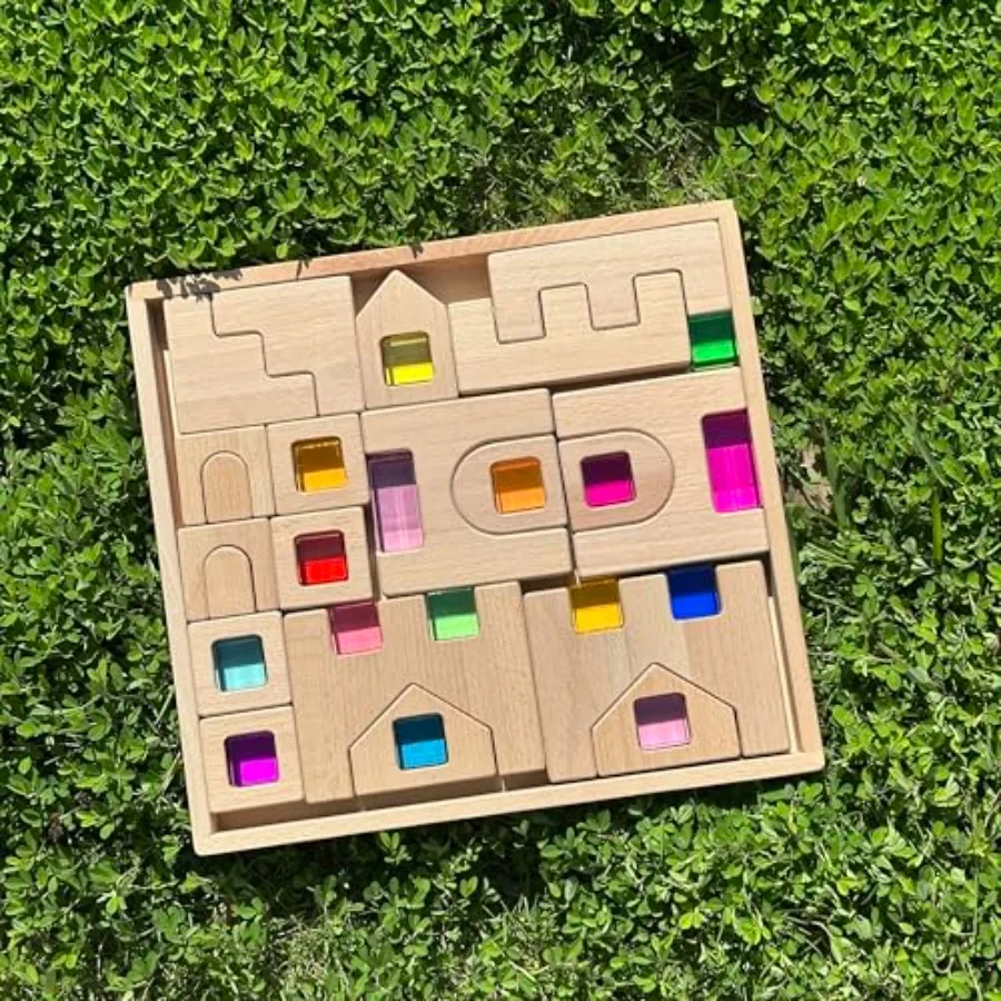 

38PCS Wooden Building Blocks Set with Colorful Acrylic Inserts Include Wooden Castles Stairs Arches Educational Construction To