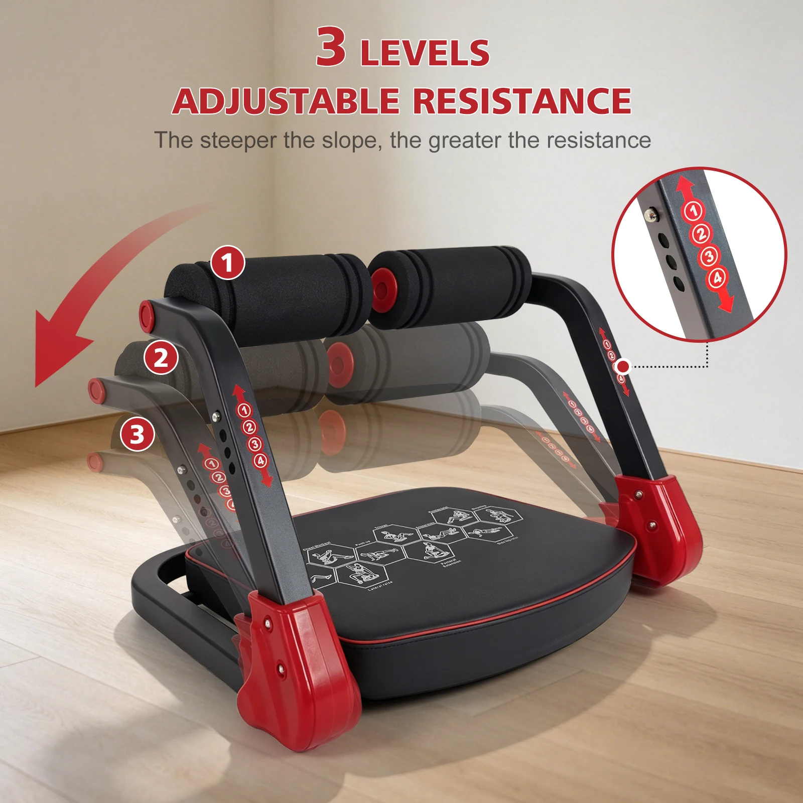 Ab Core Trainer Abdominal Machine For Home Gym With Resistance Bands Red