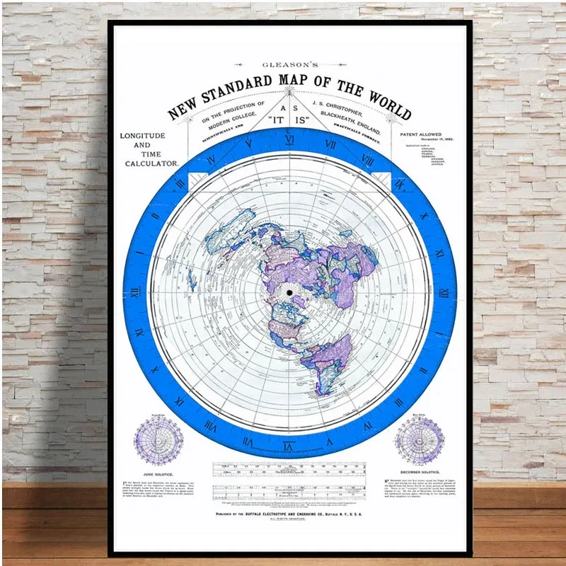 Plakaty i grafiki 1892 Mapa płaskiej ziemi Mapa świata filmowa, nowoczesne malarstwo artystyczne Malarstwo ścienne do salonu Kolekcja domu Dekoracja