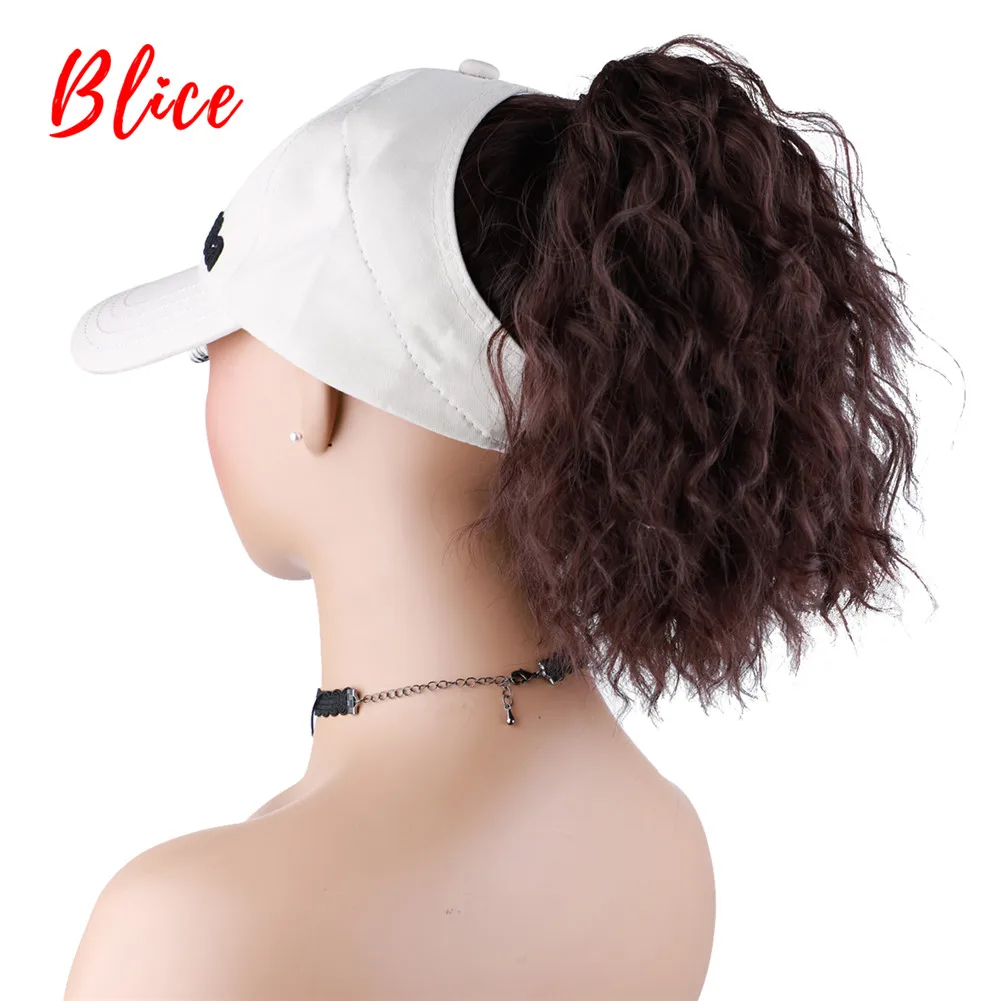 Blice All-in-one Synthetic Curly Blacke Brown Hair Ponytail Extensions Wig Kinky Travel Beach Shade Baseball Cap White Hat Wig