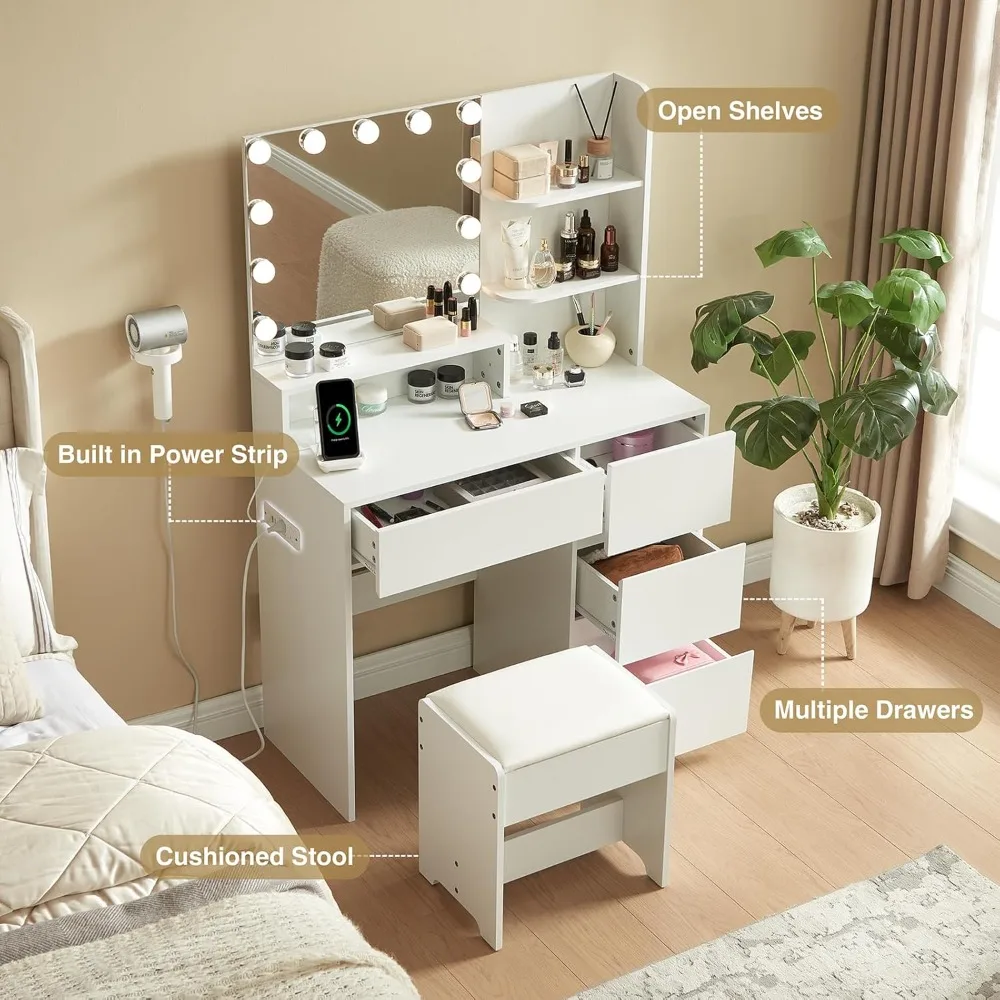

Makeup Vanity Desk with Mirror and Lights - Small Vanity Table Set with 4 Drawers, Power Outlet, USB Ports, Stool, Dressing Tabl