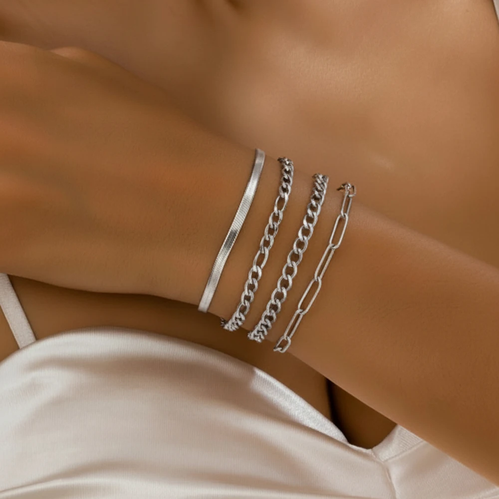 4-Piece Stainless Steel Bracelet Set: Stylish Women’S Bracelets Featuring Minimalist Chains And A Bohemian-Style Layered Design