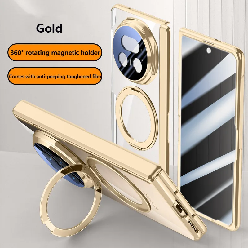 

Магнитный 360° ° Чехол для телефона с вращающейся подставкой для Huawei Honor Magic V5 5G с шарниром, закаленная пленка, гальваническая прозрачная крышка