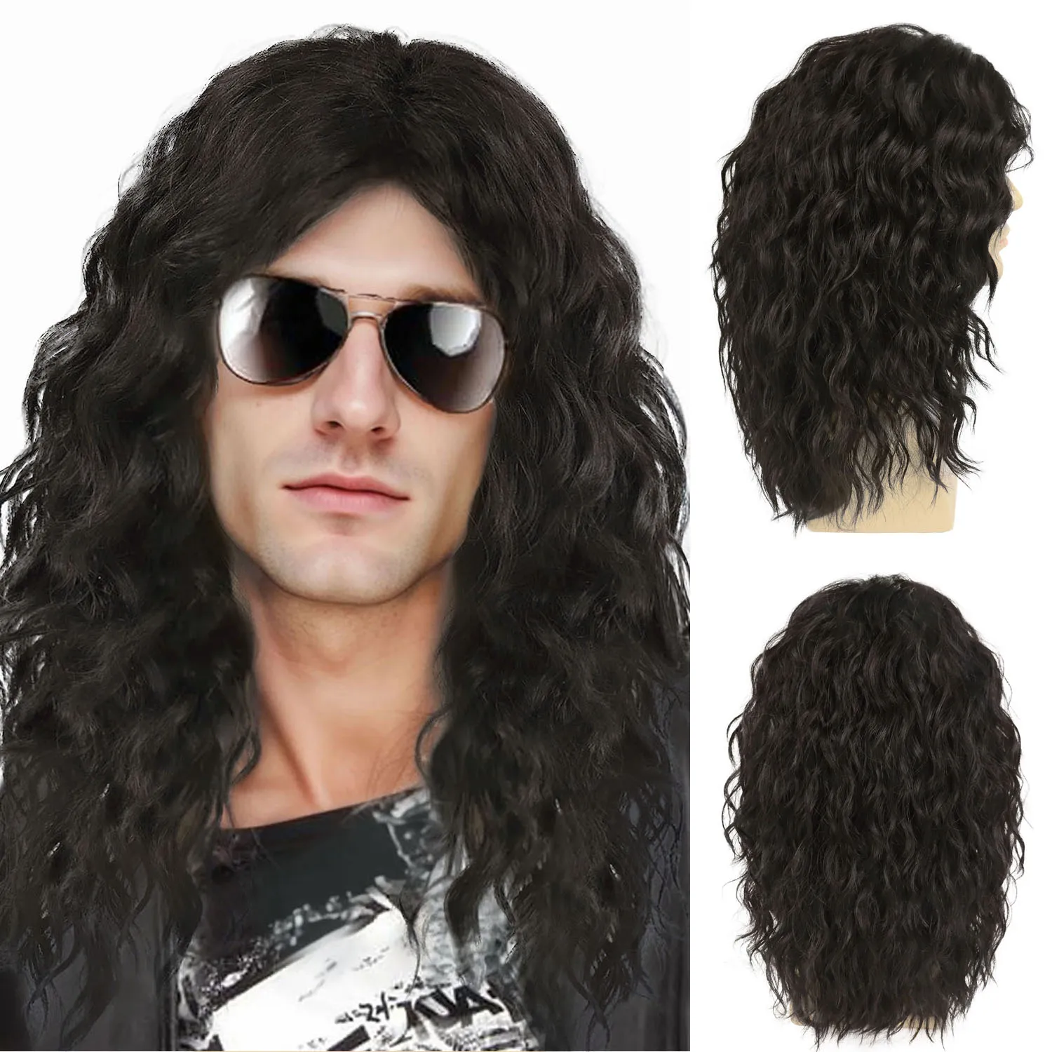 

20 Inch Dark Brown Wigs Synthetic Unisex Long Wavy Wig for Men Halloween Costume Cosplay Heavy Metal Rocker Wig Heat Resistant