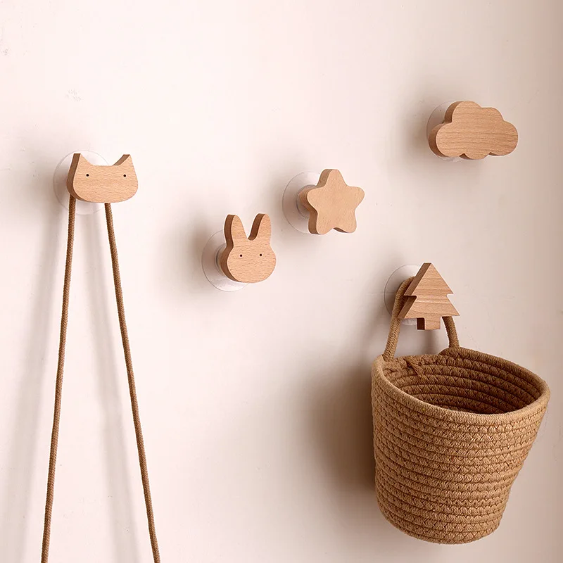 Star Moon wooden decoration Hooks Cute Cartoon animal adhesive wall omnipotent Hooks key holder for the wall home and decoration