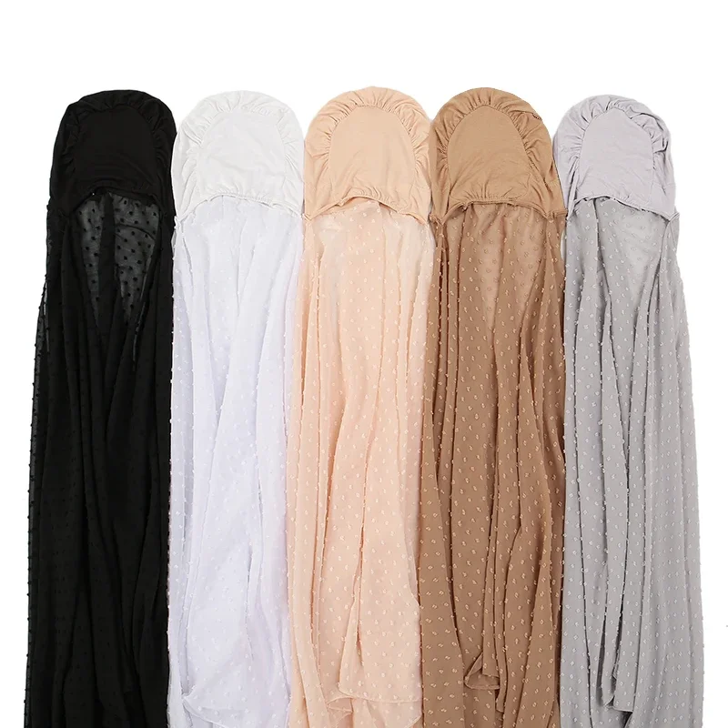 Instant Pom Pom Chiffon Hijab Muslim Inner Headband Women Cap Easy to Wear Long Shawl with Jersey Underscarf Pinless Headwrap