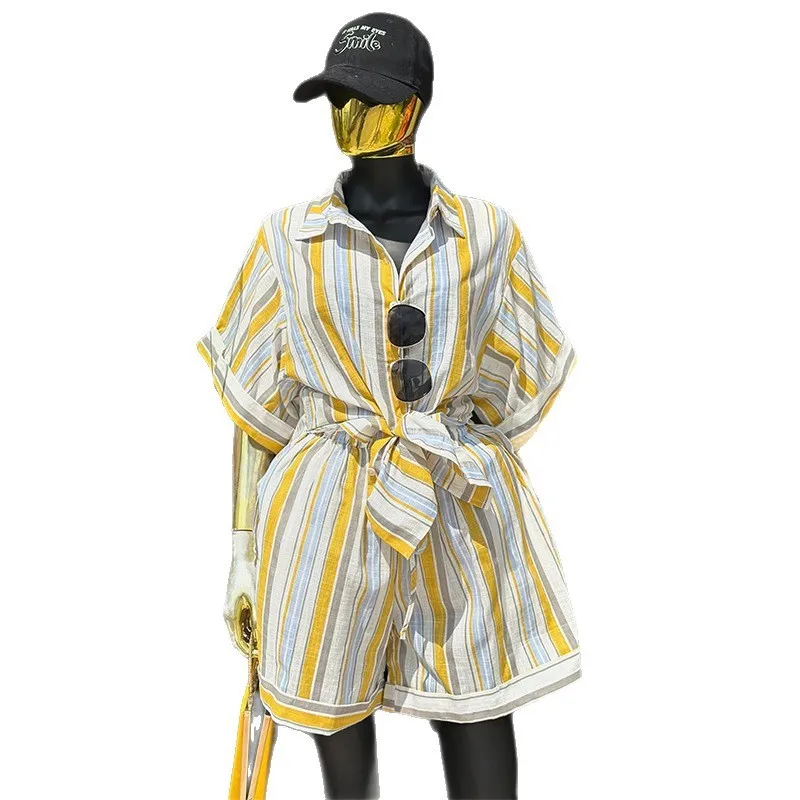 Striped Short Sleeve Set Sweet Fresh with Summer Shorts Capri Pants Long Sleeve Shirt Printed Plaid Blouse Top Set Women