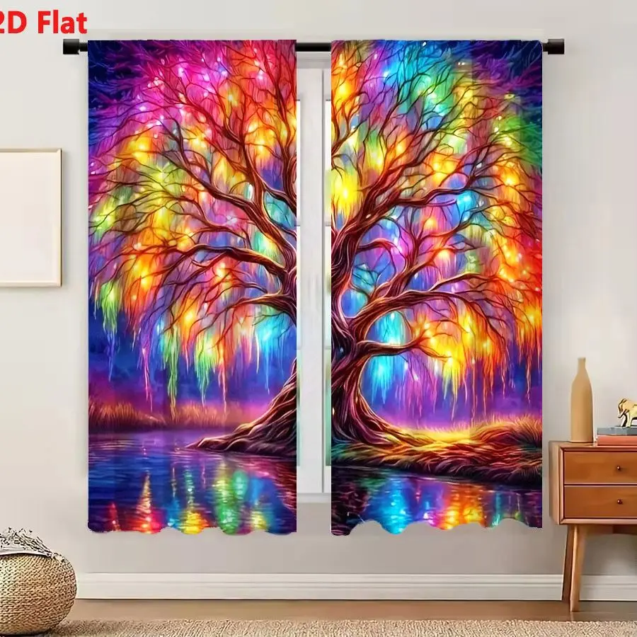 2Pcs Curtains 2D Flat Magical Glowing Tree With Multicolored Lights On Calm Water Under Gradient Sky Window Drapes for Bedroom R