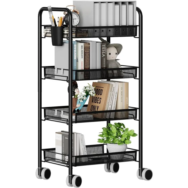 

4-Tier Metal Rolling Cart on Wheels with Baskets, Easy Carry and Assemble Multifunction Utility Cart with Practical