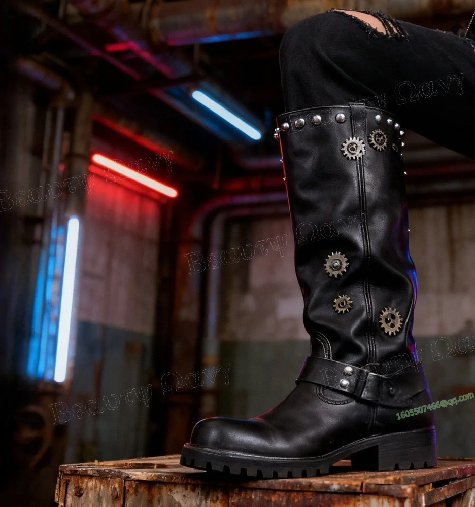 

Black Gear Decor Men's Big Boots Solid Men's Knight's Boots Round Toe Knee High Shoes for Men Shoes Zapatos Para Hombres