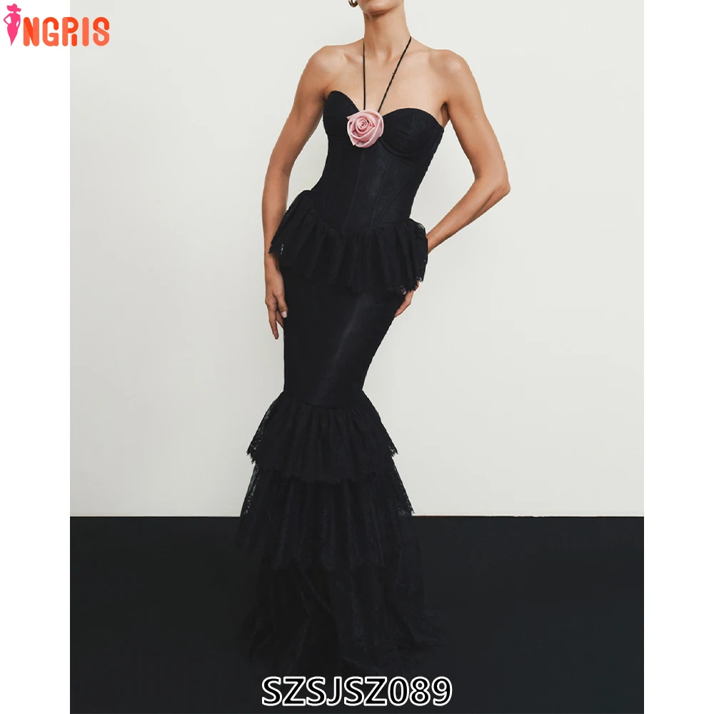 

New Designer 3D Embroidery Floral Black Maxi Dress Mermaid Hem Sexy Club Style Off Shoulder-SZSJSZ089