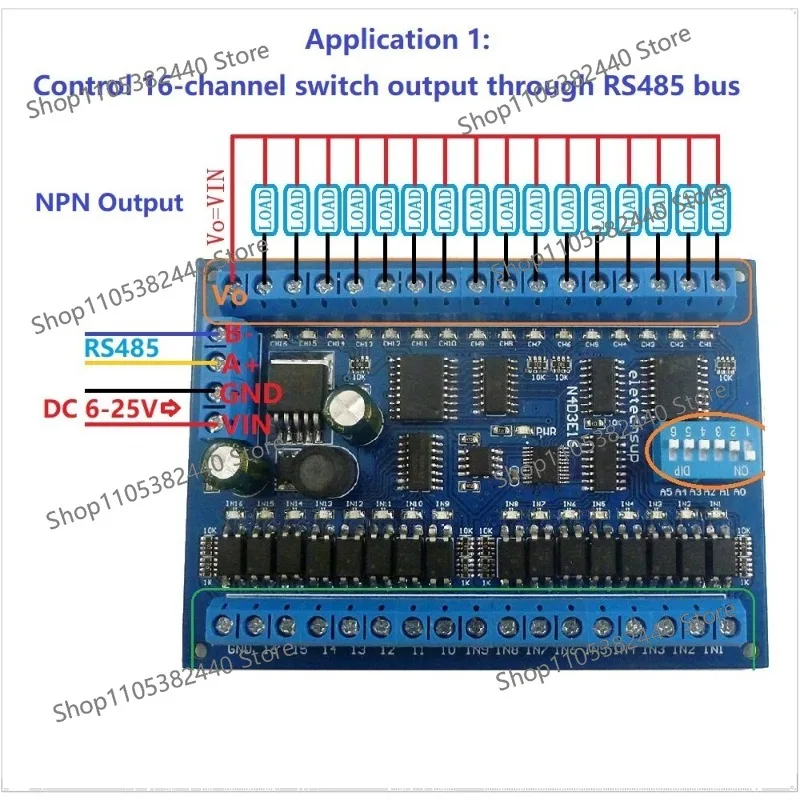 DC 12V 24V 16 in 16 out RS485 remote control switch PLC IO expansion board Modbus RTU module