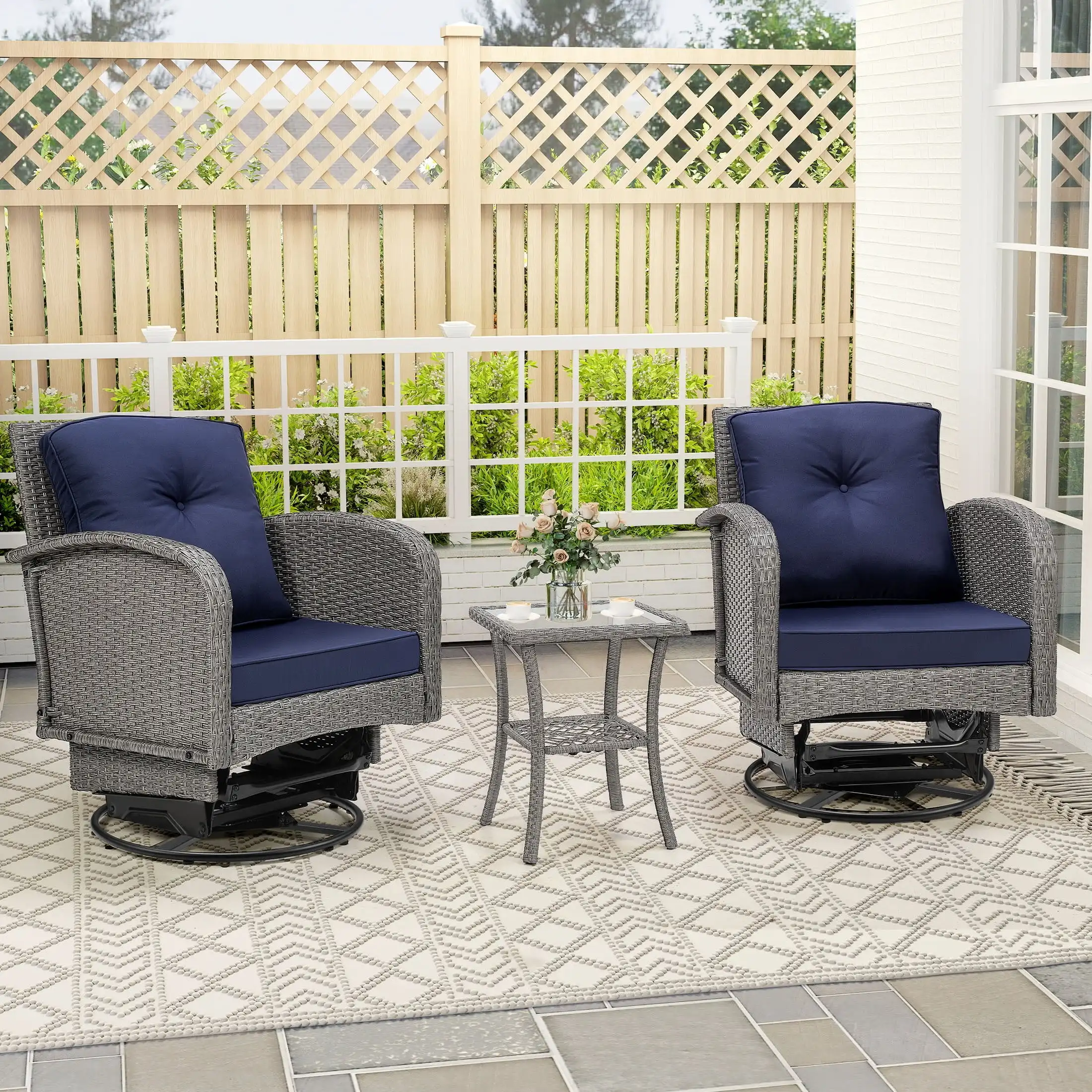 3 Piece Outdoor Bistro Swivel Chairs Set, Patio Bistro Set w/ 360° Swivel Rocking Chairs & Table, All-Weather Conversation Set