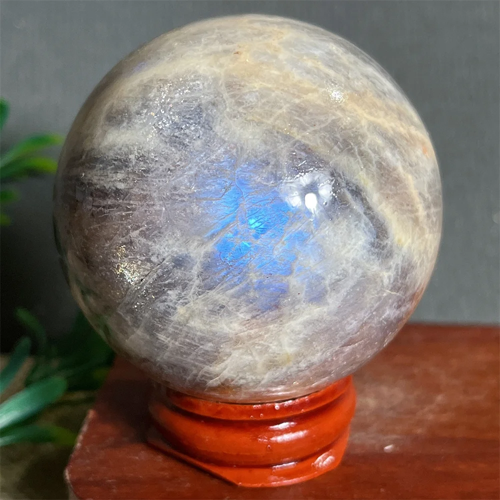 Crystal Natural Moonstone Quartz Sphere Ball Blue Flash  Geode Gemstone Specimen Mineral Samples Home Decoration+Stand