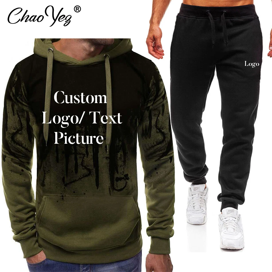 Logo personalizzato Set da uomo con cappuccio Set da uomo tuta sportiva abbigliamento sportivo felpe con cappuccio fai da te + pantaloni della tuta 2 pezzi autunno uomo caldo Pullover felpe