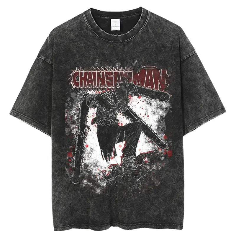 Fashion Vintage Washed Tshirts Chainsaw Man Anime Men Women T Shirt Harajuku Oversize Tee Cotton Fashion Streetwear Unisex Top