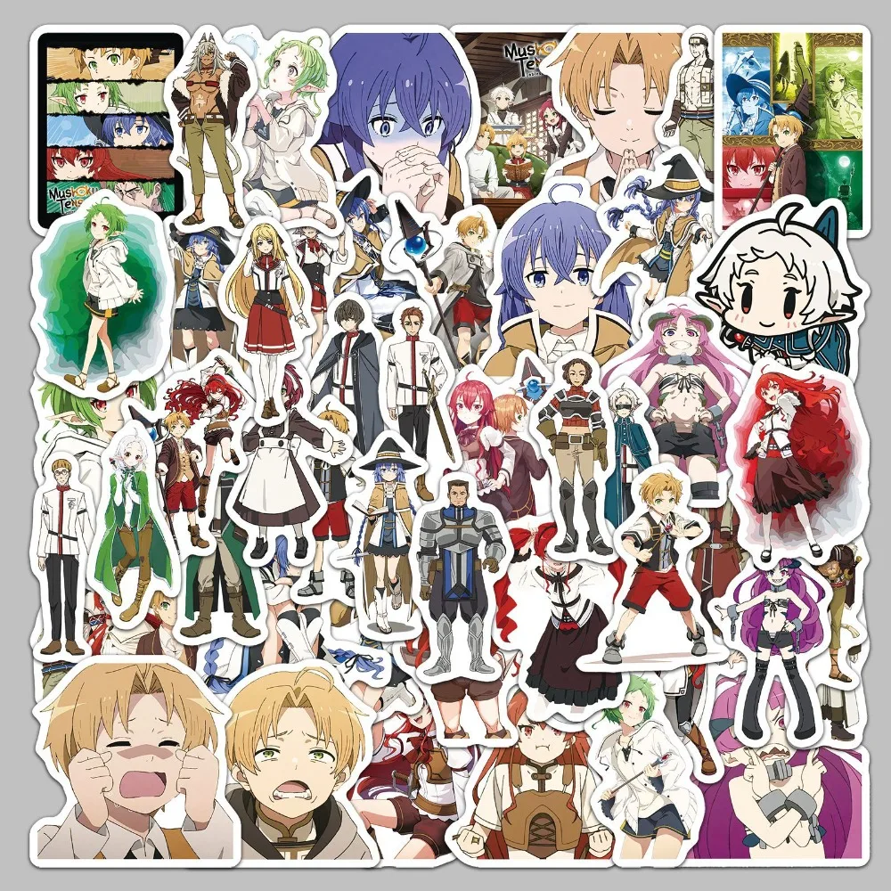 50 Uds Anime reencarnación sin empleo (Mushoku Tensei) maleta de dibujos animados papelería ordenador portátil guitarra teléfono celular decorar calcomanías