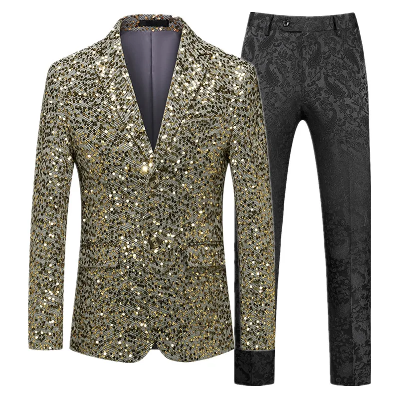 New Men Business Sequins Suit 2 Piece Classic Prom Party Dress Male Blazer Jacket and Trouser Fashion Singer Host Stage Costume