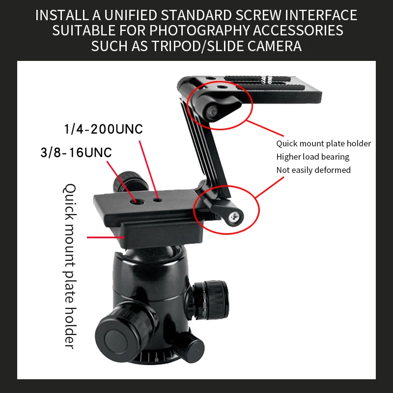 Trépied à pliage rapide de type Z, forme de curseur, support rapide, stabilisateur de montage, plaque de dégagement de cardan, support de tête de trépied pour téléphone portable