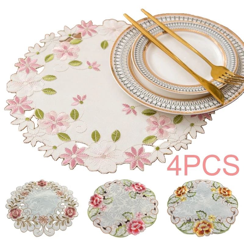 

4PCS/set Flower European Rustic Embroidered Placemats Set Hollow Satin Floral Design for Kitchen Dining Party Weddings Family
