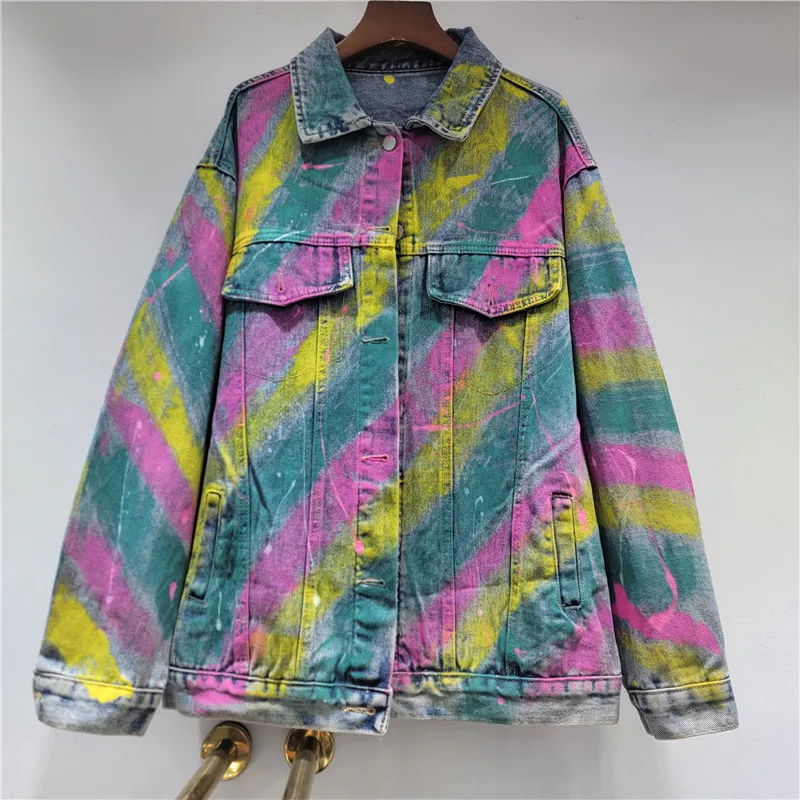 

SuperAen Loose Denim Jacket Unique Fashion Coloured Drawing or Pattern Washed Design Autumn 2025 New Europe and America Coats