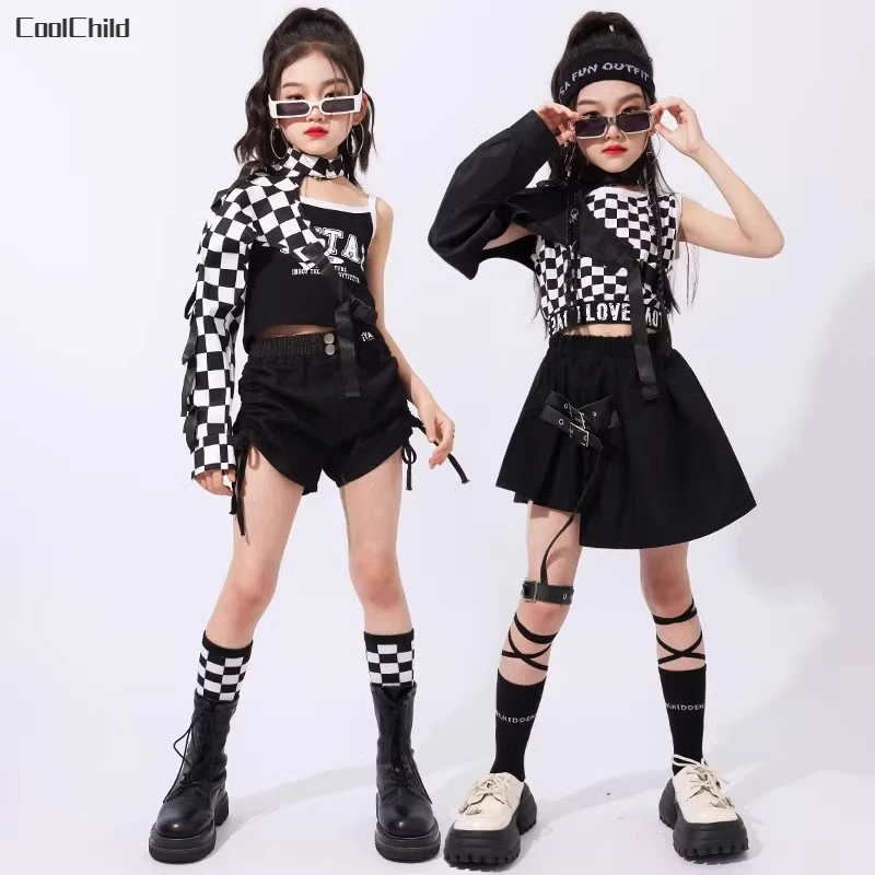 Hip Hop Girls Cool Crop Top Plaid Skirts Children Streetwear Goth Clothes Sets Street Dance T-shirt Kids Stage Jazz Costumes