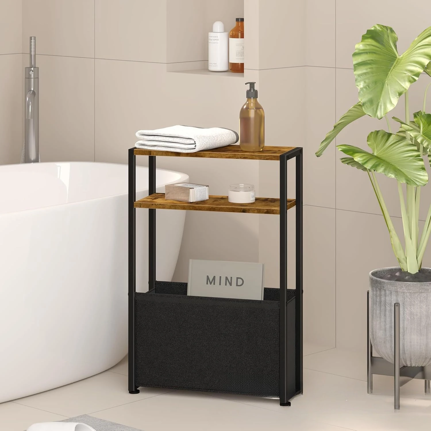 

Iron Wood Combination Movable Sofa with Narrow Edge Table and Storage Basket, Simple Small Space Living Room Corner Table