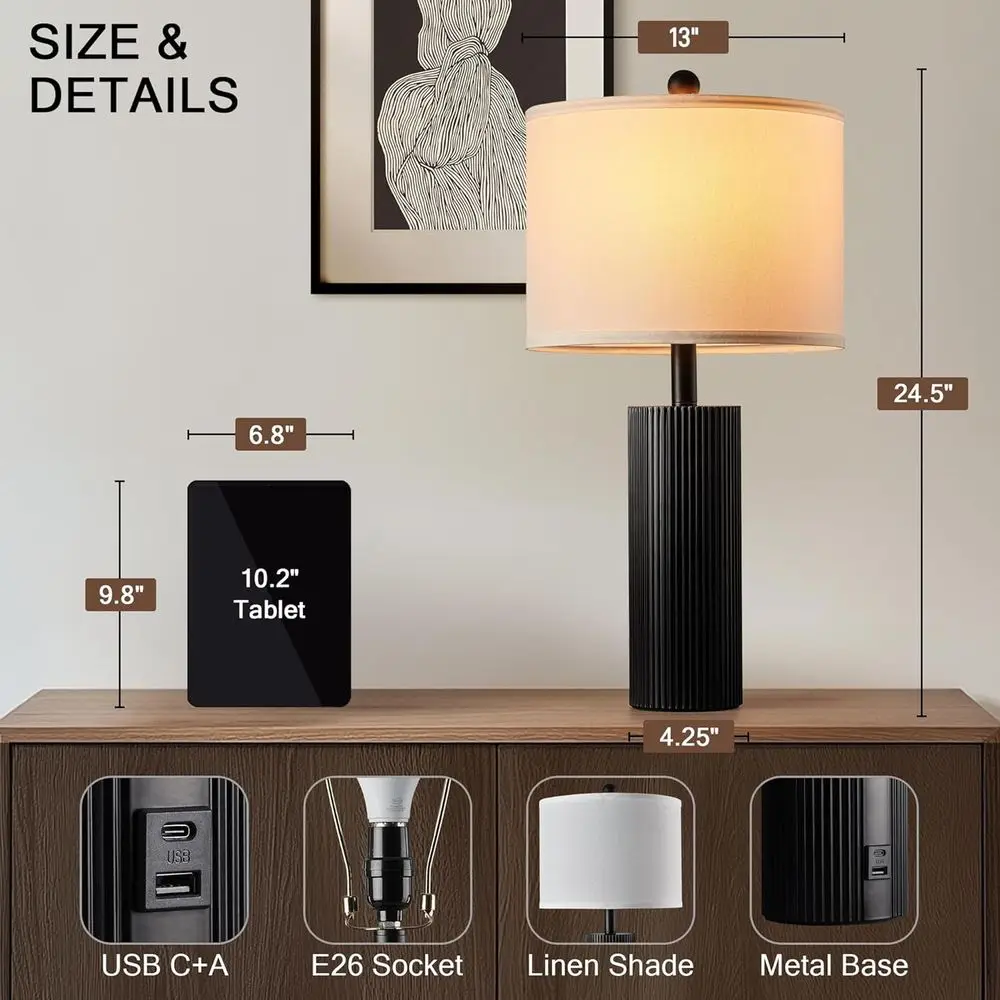 Par de 2 Luminárias de Mesa Modernas de 24,5 Polegadas com USB e Portas de Carregamento para Sala de Estar, Controle por Toque com Listras, 2 Lâmpadas Incluídas
