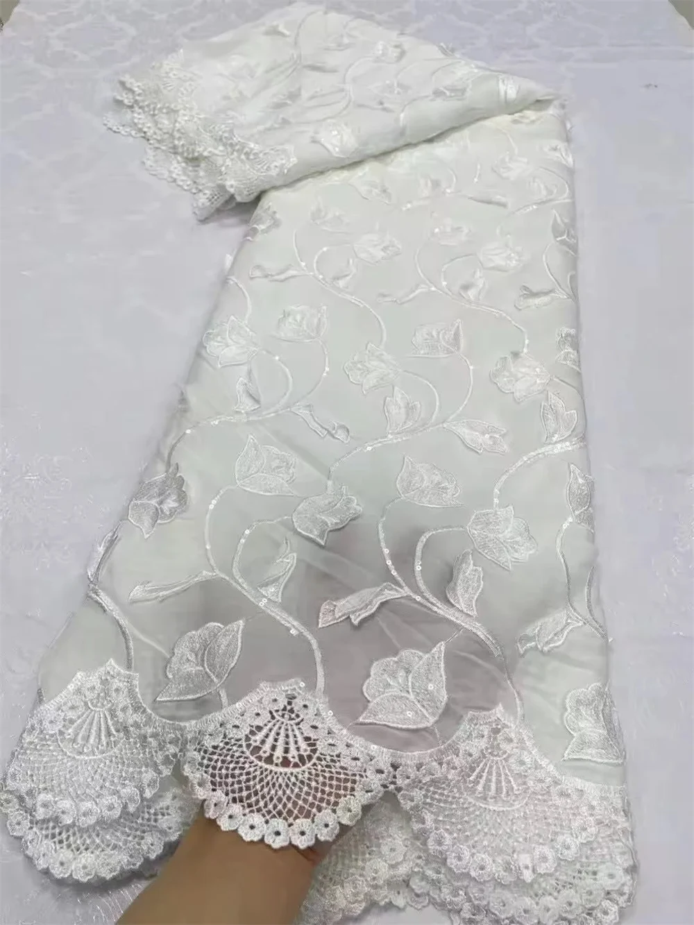 

African Mesh Lace Fabric With Sequins Nigerian Embroidered Milk Silk Lace Fabric French Tulle Lace Fabric For Wedding Party