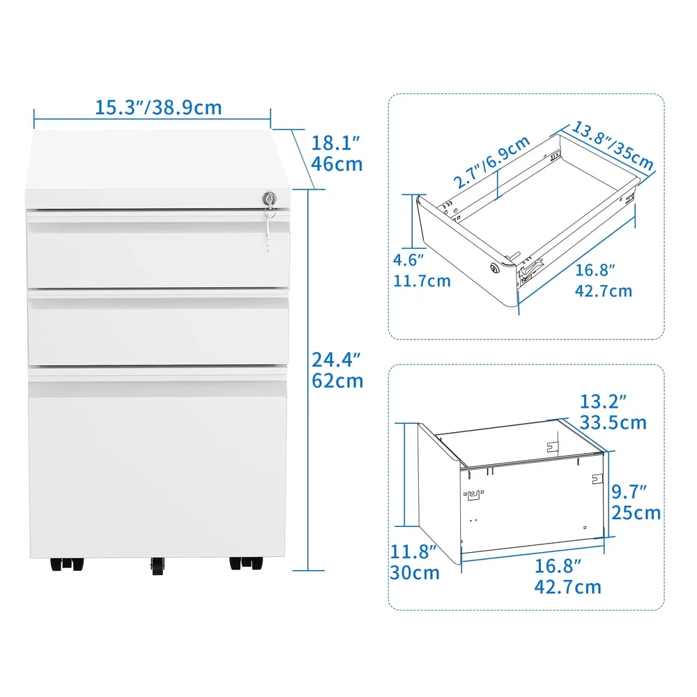 Lockable 3-Drawer Rolling File Cabinet on Wheels Portable Steel Storage A4 Letter Legal Documents Office Use