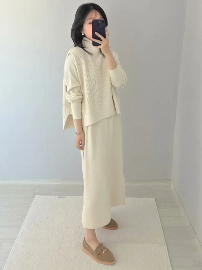 East Gate Ins Versatile Retro Twist Svel Knitted Sweater Vest Long Knitted Dr Two-Piece Set Loose Fit Spring Autumn ...