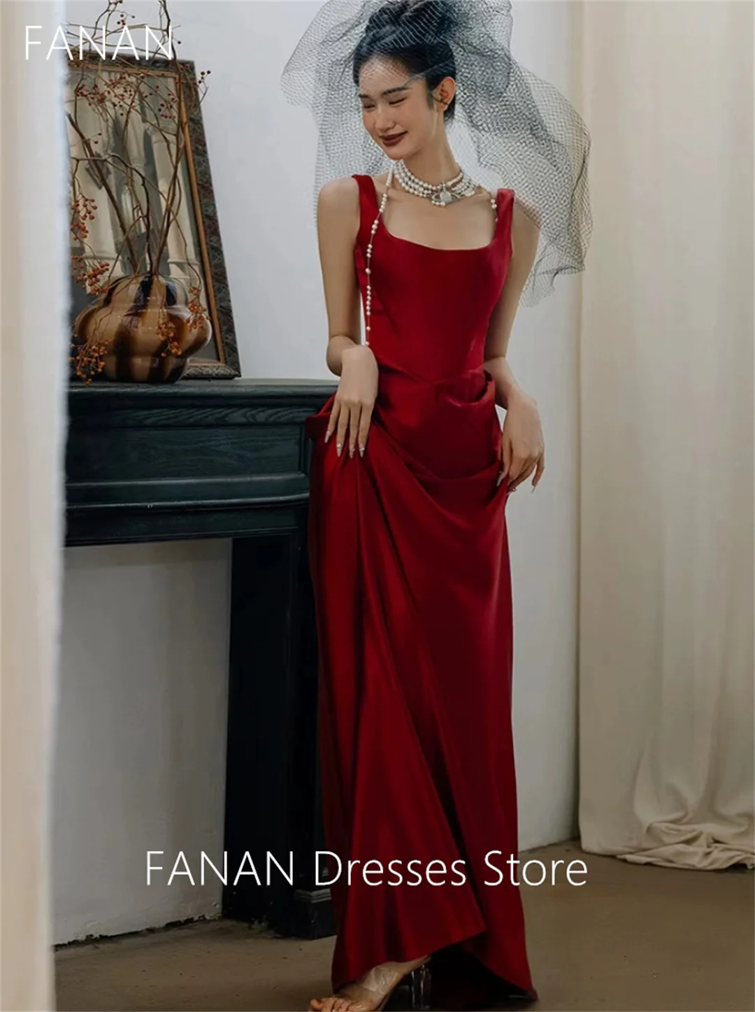 

FANAN Vintage Evening Party Dresses Fashion Burgundy Sweep Train Customized Korea Wedding Women Formal Gowns Event Prom Gowns