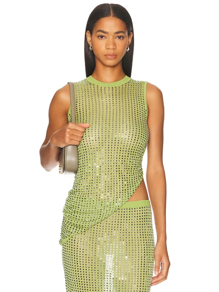 2025 Vrouwen Celebrity Sexy Mouwloze Groene Diamanten Midi Twee Stukken Rok Set Elegante Avond Club Party Outfits