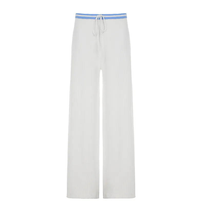 2025 New Spicy Girl Lace Stripe Contrast Strap Low Waist Drawstring Loose Casual Pants Knitted Two Piece Set