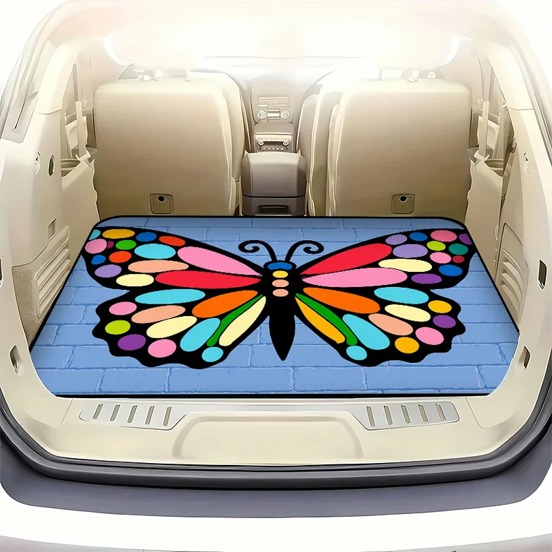 1pc Stylish Car Trunk Mat WithWhimsical Colorful Butterfly Art With Stained - Glass Pattern On Light Blue Brick Wall- Durable, K