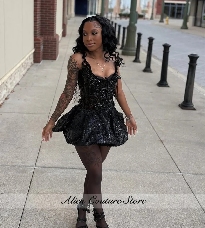 Czarna Kryształowa Sukienka na Bal Maturalny, Studniówkę, Koktajl, Urodziny, Syreni Krój, Mini, Luksusowa, Szyta na Miarę dla Dziewczyn o Czarnej Karnacji, Kolekcja 2025