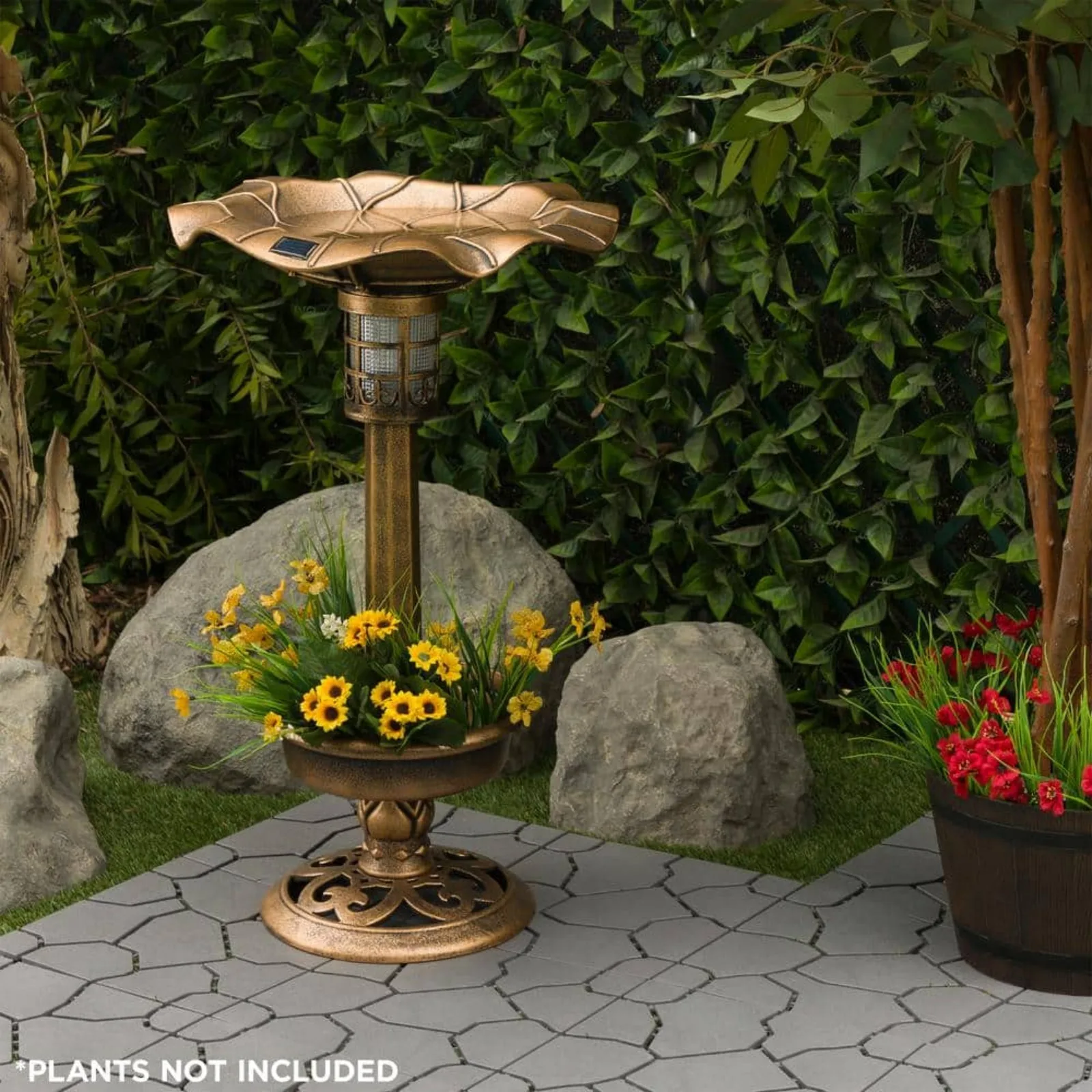 US 29 in. H Bronze Outdoor Pedestal Birdbath with Planter Base and Solar-Powered LED Lights