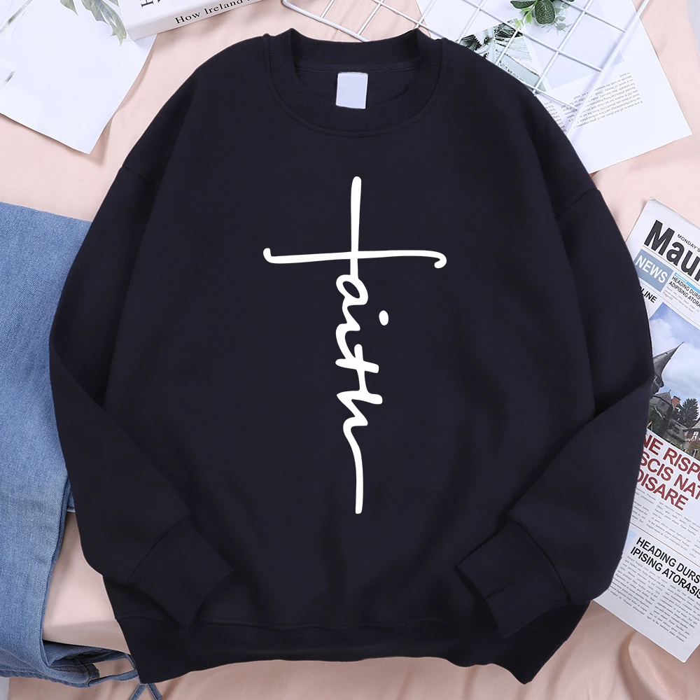 Faith Cross Letter Print Men Hoodie Harajuku Fleece Sweatshirt Loose Autumn Menswear Street Fashion Warm Hoodies Women Tops