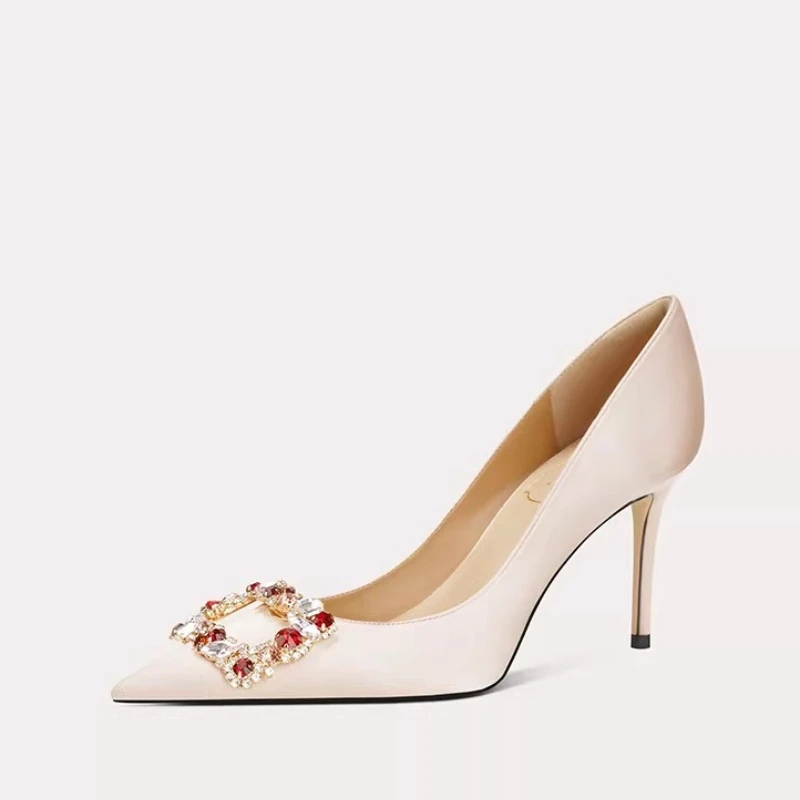 

Французские туфли на высоком каблуке с квадратной пряжкой и стразами, остроносые, на шпильке, свадебные, вечерние, женские туфли-лодочки