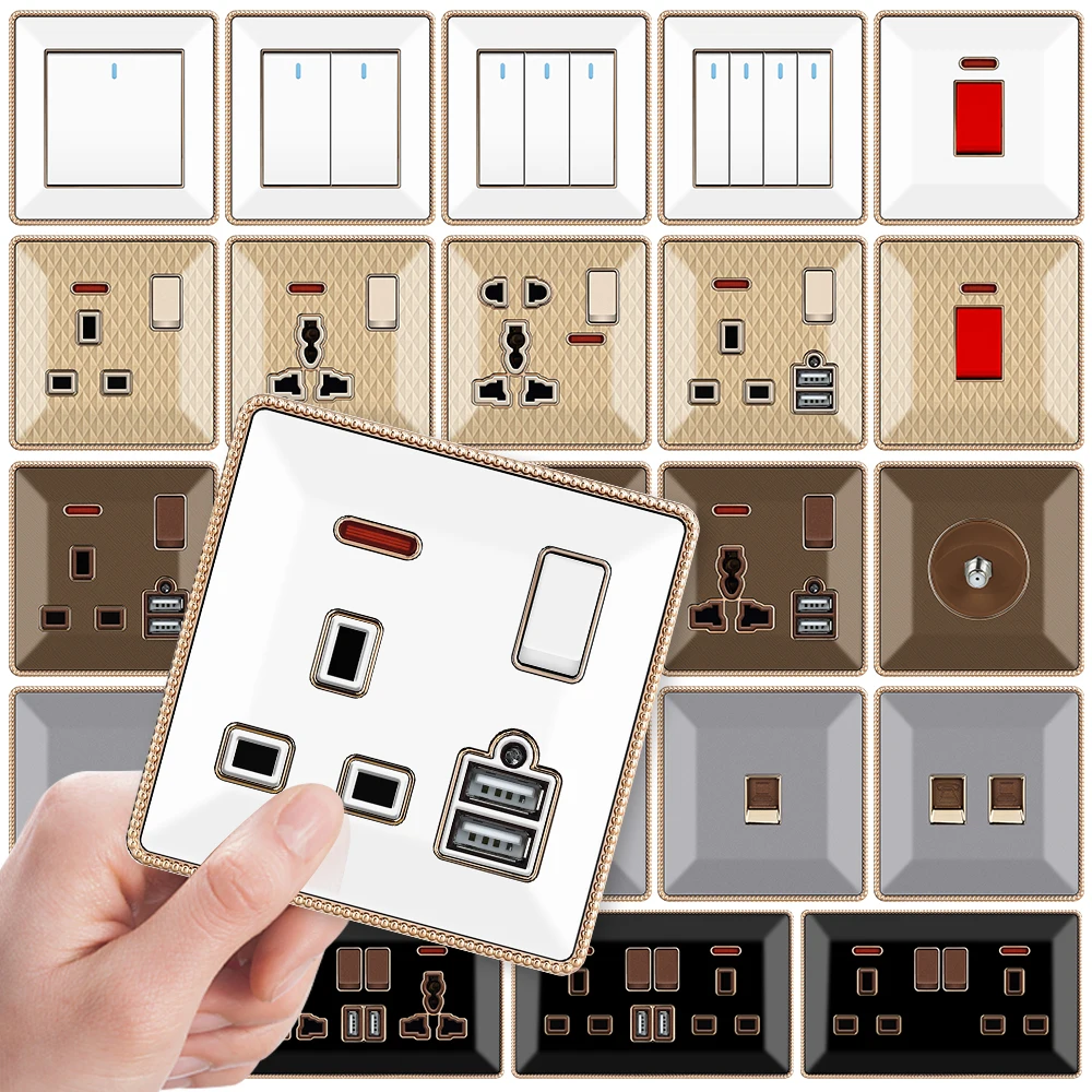 VISWE Universal UK Wall Socket 13A, Light Switch 1/2/3gang 2way, Acrylic Panel with gold border, Usb socket 3pin 5pin Plug