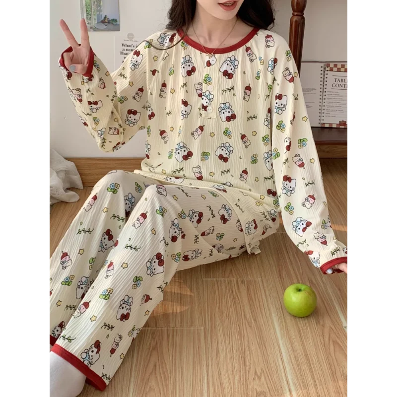 Sanrio Cartoon Pyjama Homewear Casual Losse Ademende Zijden Pyjama Dames Hello Kitty Broek Met Lange Mouwen Dames Pyjama