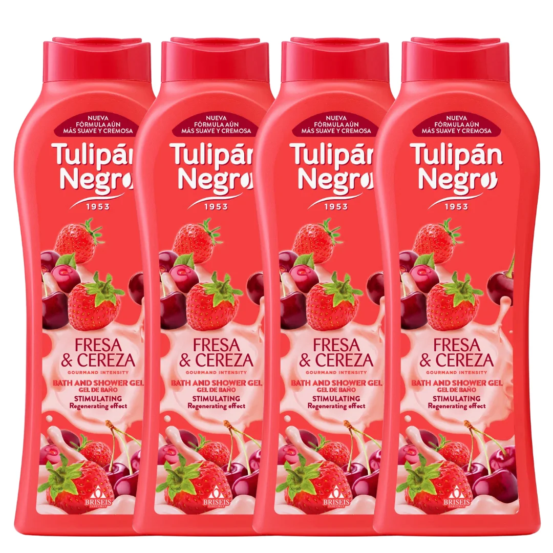 Pack de 4 geles de ducha Black Tulip – Gel de baño Black Tulip fresa y cereza (650 ml). Intensa fragancia frutal que hidrata y nutre la piel con vitaminas. ideal para el uso diario y para una sensació