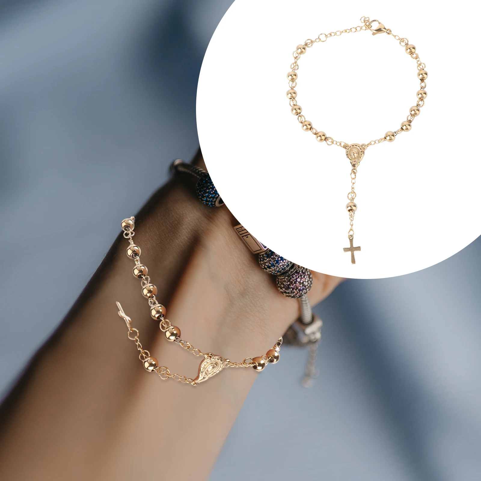 

Stainless Steel Religious Bracelets Cross Prayer Beads Rosary Wrist Chain Jesus Mini Decoration Adjustable Size Punk Retro Style