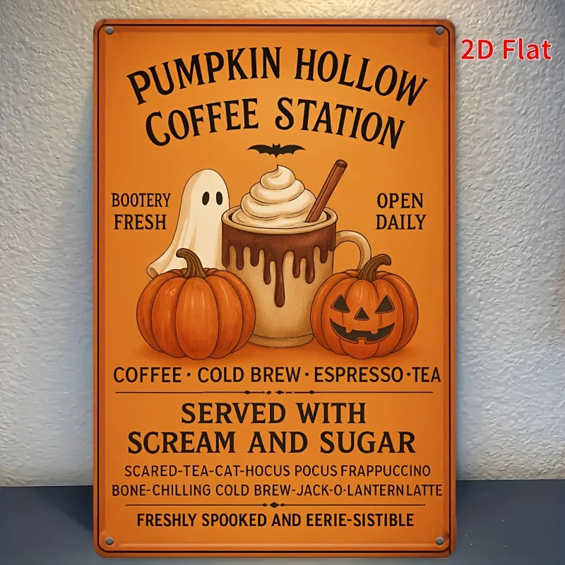 Halloween Coffee Shop Decor - Pumpkin Hollow Coffee Station Metal Wall Art Sign with Coffee Drinks Menu - Orange & Black Farmh